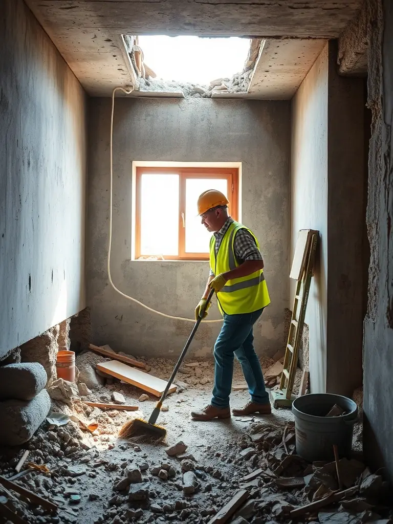 A general laborer assisting with demolition and site cleanup on a basement remodeling project, wearing safety gear and working efficiently.