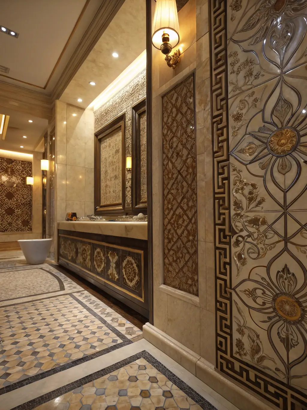 A close-up of a beautifully tiled bathroom floor with intricate patterns and high gloss finish, installed by Davis Construction & Home Improvement.