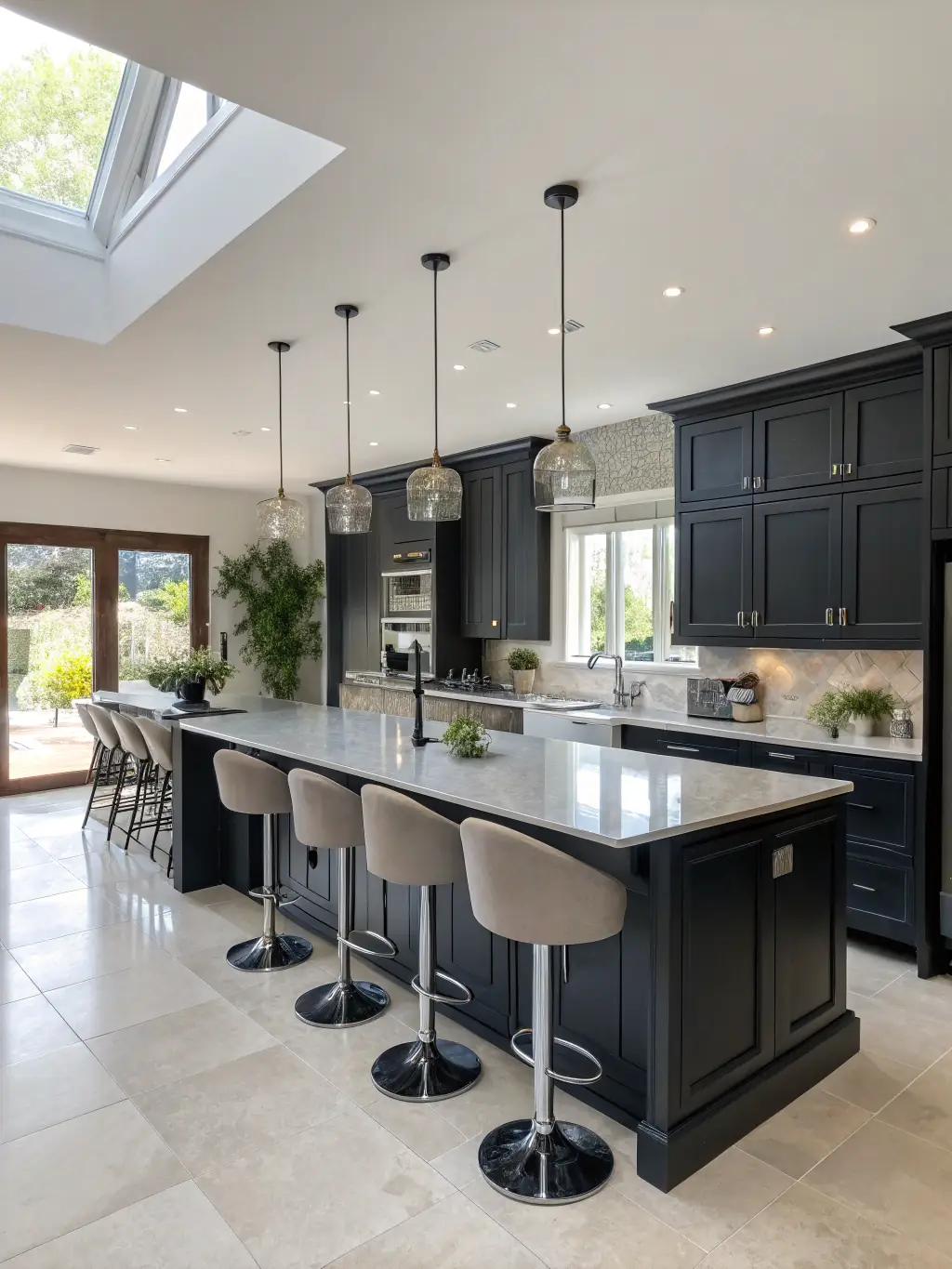 A modern kitchen with granite countertops, stylish cabinets, and elegant lighting, showcasing a complete renovation by Davis Construction & Home Improvement.