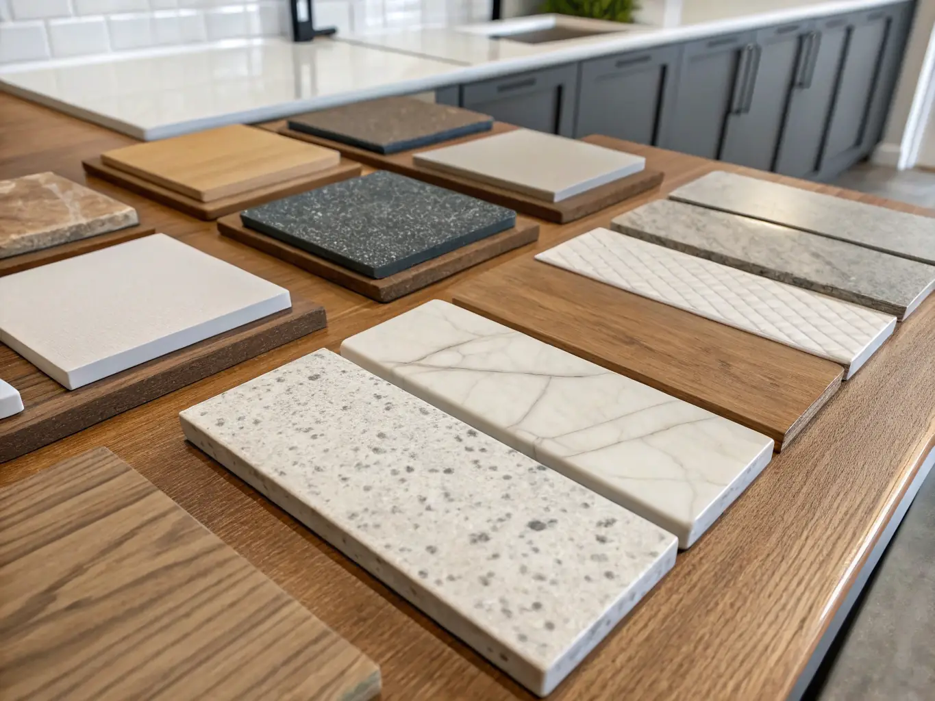 A high-resolution, hyper-realistic image showcasing a selection of premium kitchen renovation materials, including granite countertops, stainless steel appliances, and custom-designed cabinetry, all neatly arranged on a workbench in a well-lit studio setting.