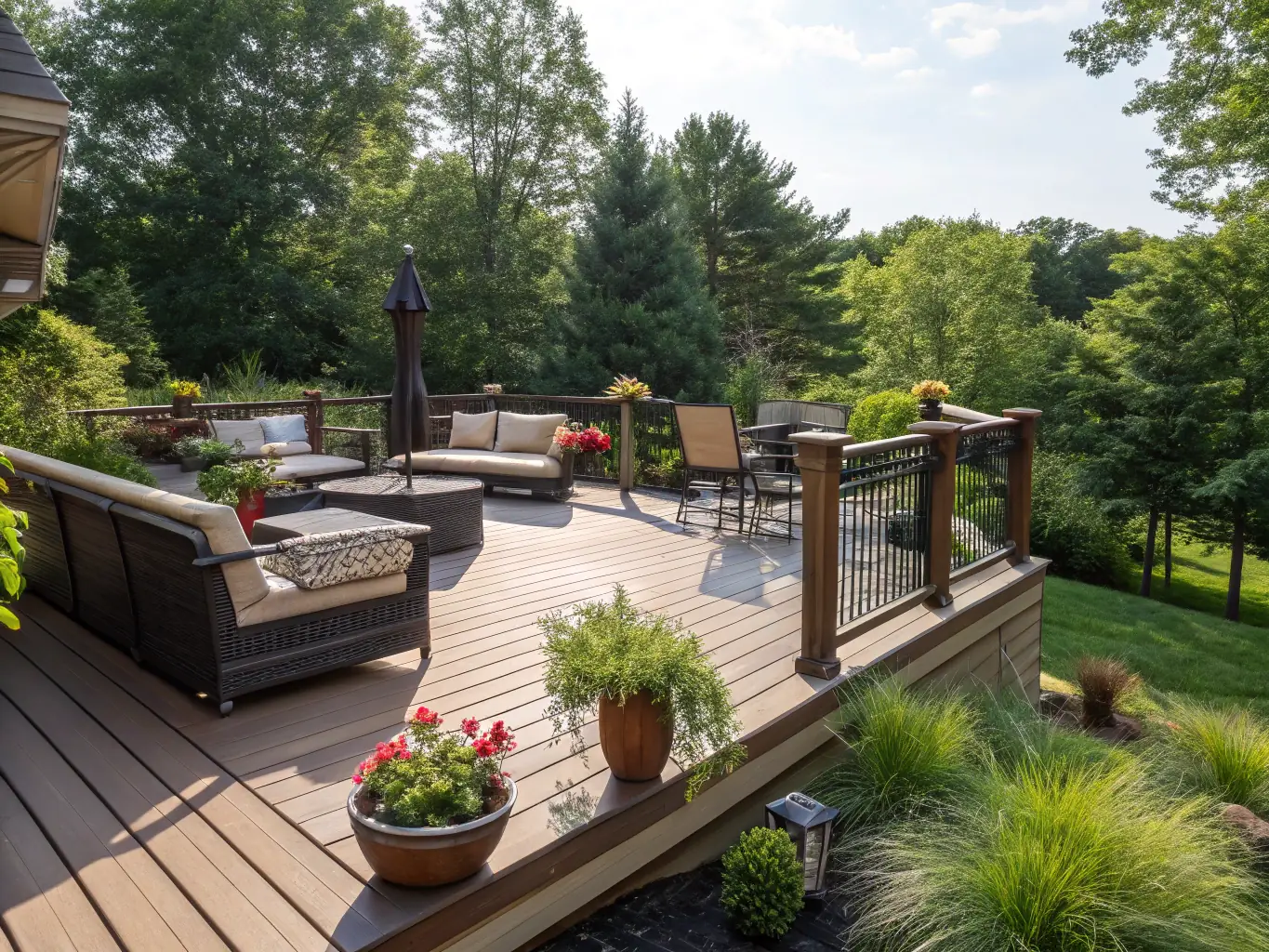 A high-angle, wide shot of a newly constructed wooden deck extending from a house into a lush green backyard. The deck features built-in seating and a small outdoor dining area, showcasing the craftsmanship and attention to detail.