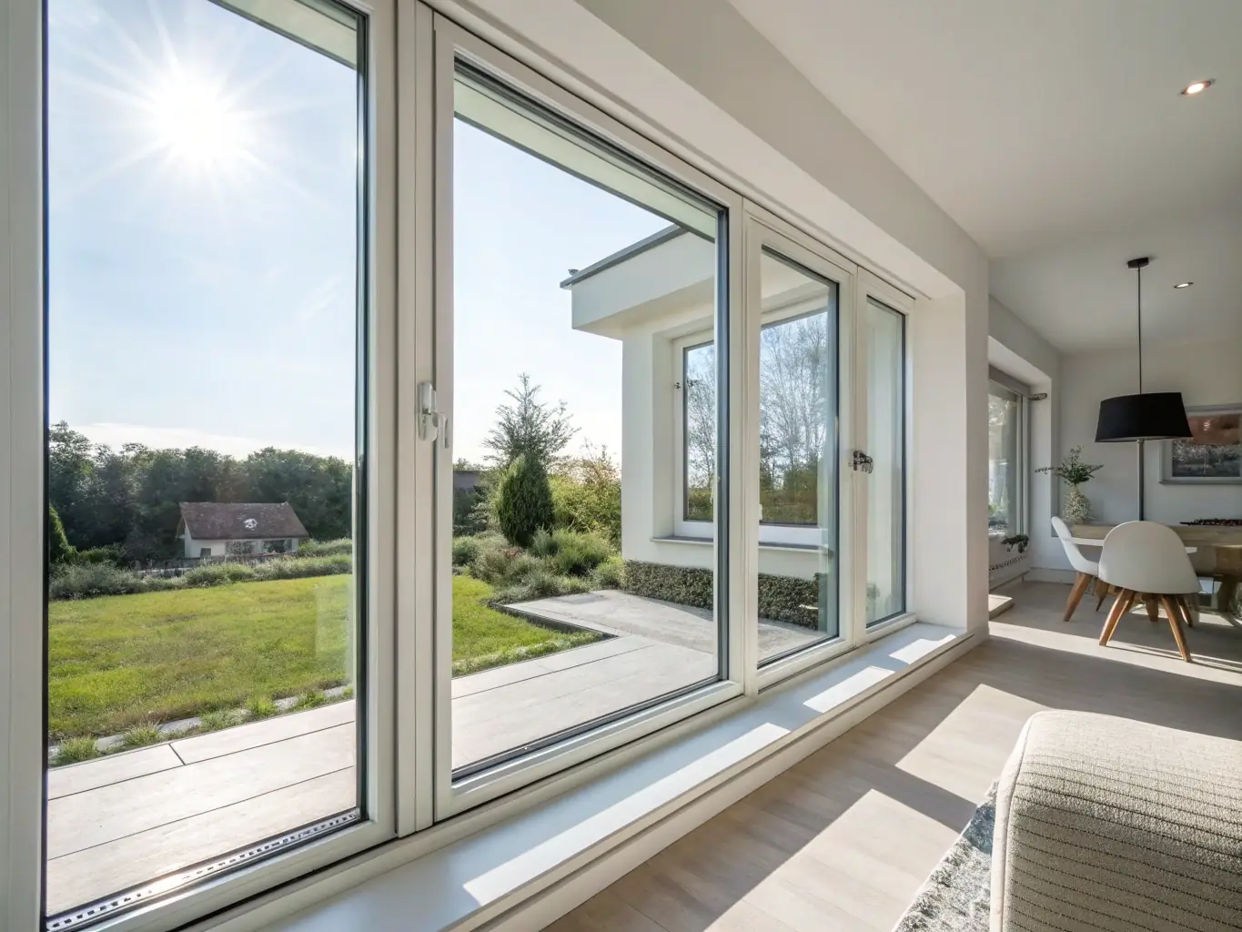 A high-resolution, hyper-realistic image showcasing a newly installed energy-efficient vinyl window in a modern home, with sunlight streaming through the glass and highlighting the clean lines and professional trim work.