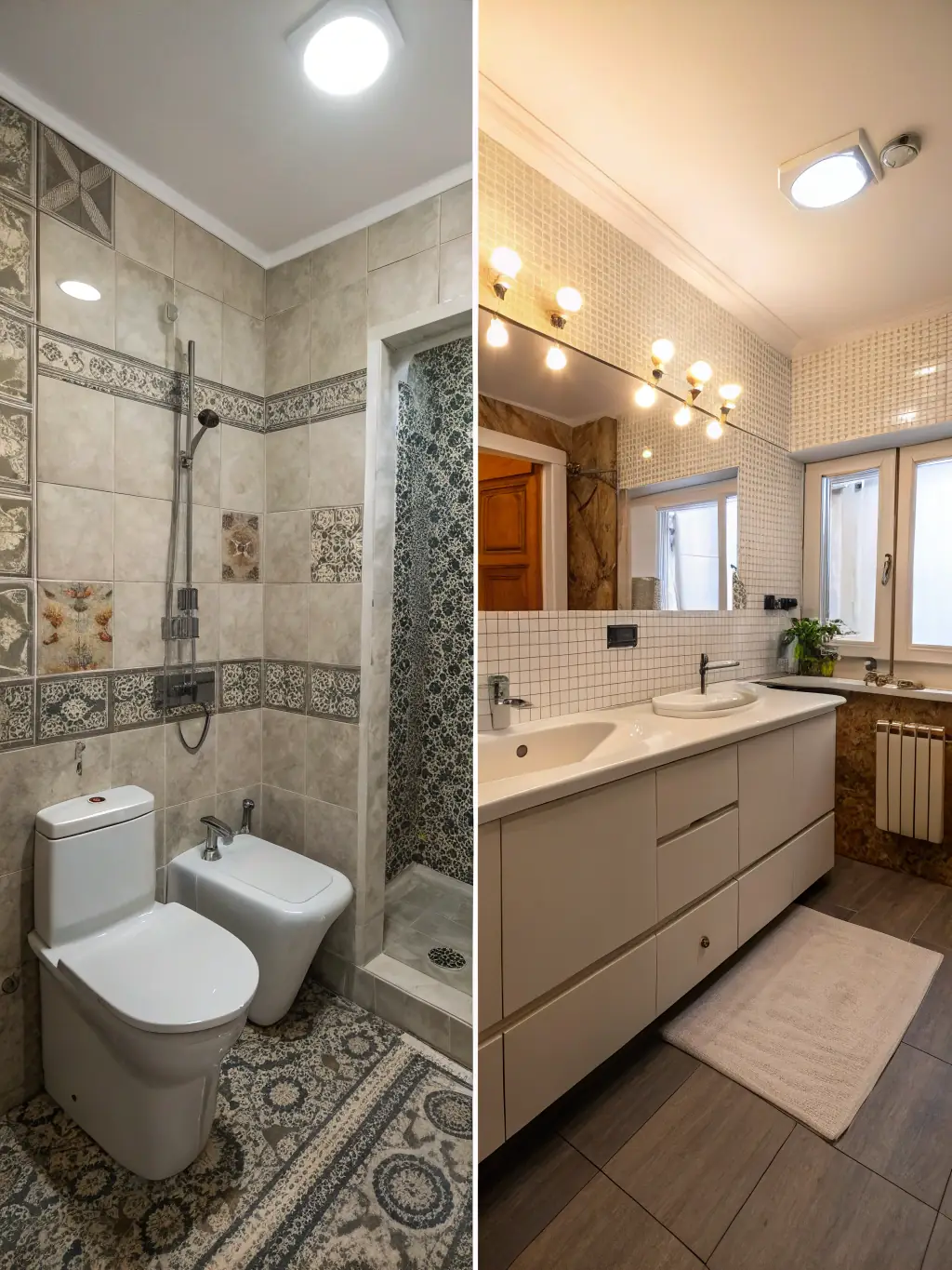 A photo showcasing a before-and-after transformation of a bathroom remodel, highlighting the dramatic improvement in aesthetics and functionality.