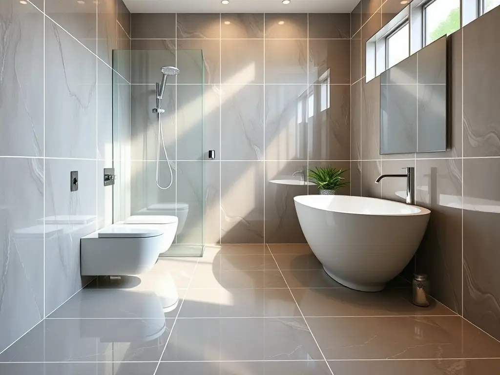 An image of a bathroom featuring beautifully installed ceramic tile flooring and walls, with a modern vanity and fixtures. The focus is on the clean lines, grout work, and overall aesthetic appeal of the tiled space.