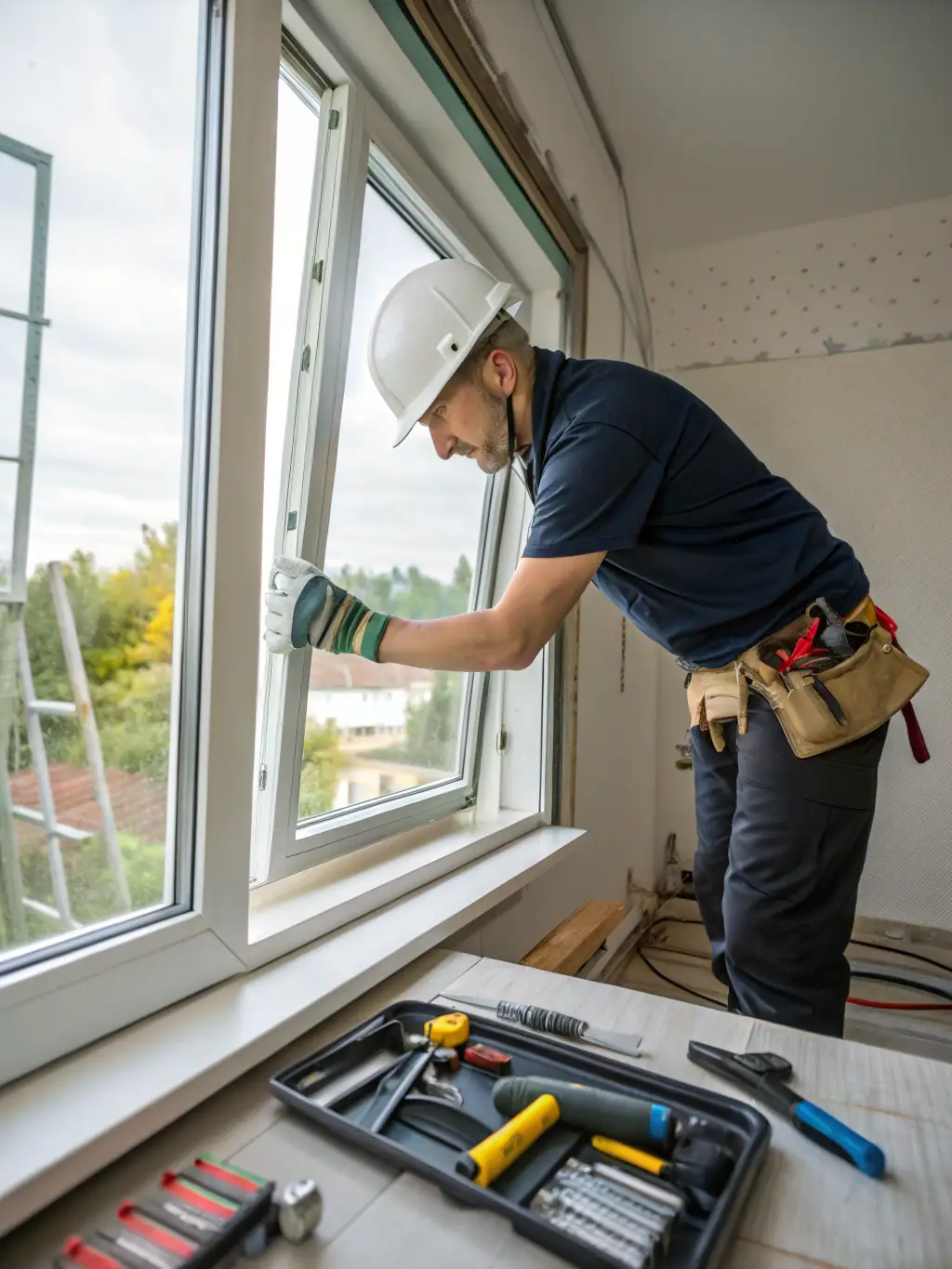 A window installer expertly fitting a new energy-efficient window into a home, ensuring a tight seal and proper insulation.