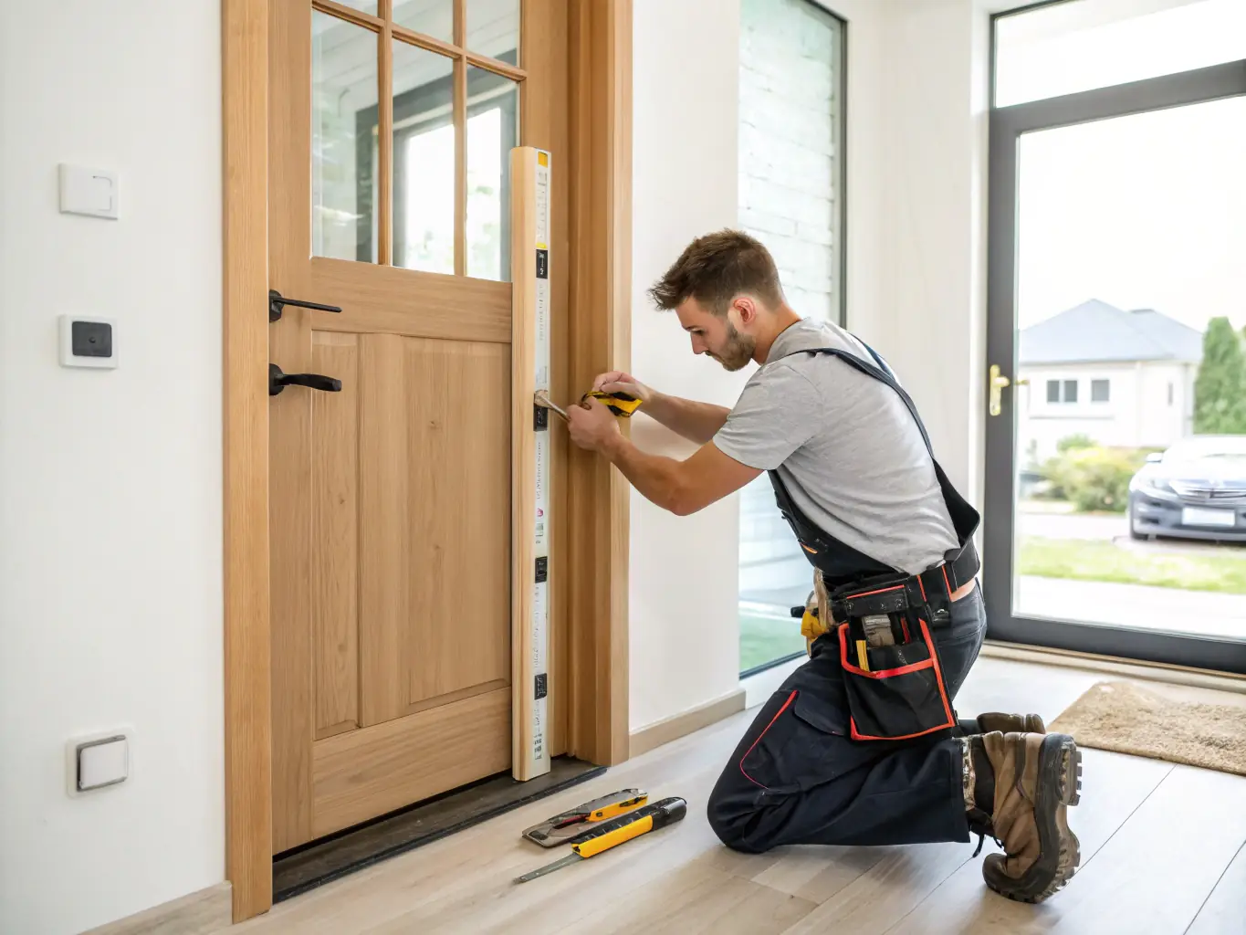 A high-resolution, hyper-realistic image of a craftsman installing trim around a newly installed door, showcasing the precision and attention to detail that Davis Construction & Home Improvement provides.