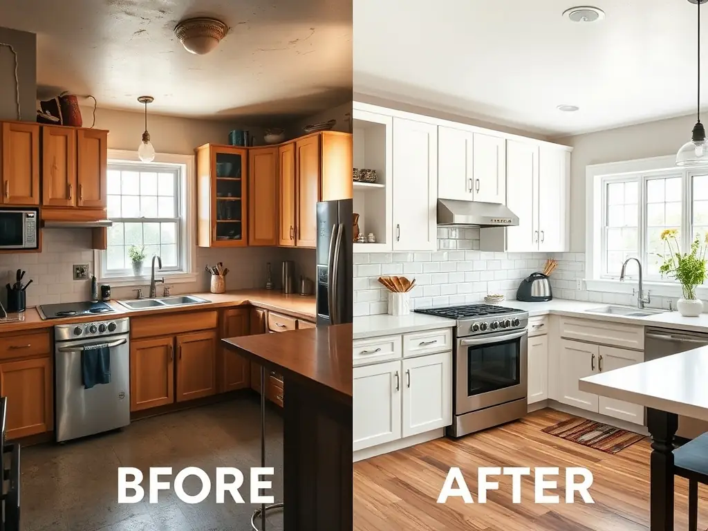 A hyper-realistic image showing a before-and-after transformation of a kitchen, with the 'before' side showing an outdated and cluttered space, and the 'after' side showcasing a modern, renovated kitchen with new appliances and stylish design.