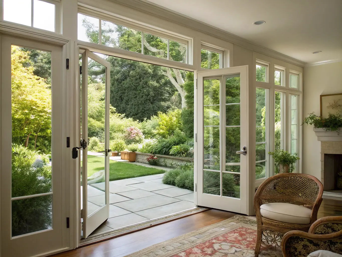 A high-resolution, hyper-realistic image featuring a set of elegant French doors leading to a beautifully landscaped backyard, with the doors open and inviting natural light into the home.