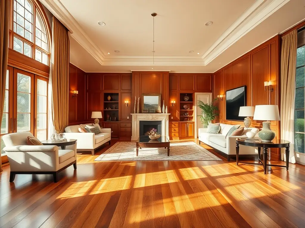 A high-resolution image showcasing a newly installed hardwood floor in a living room, with natural light highlighting the wood grain and a cozy rug adding warmth to the scene. The focus is on the quality and craftsmanship of the flooring installation.