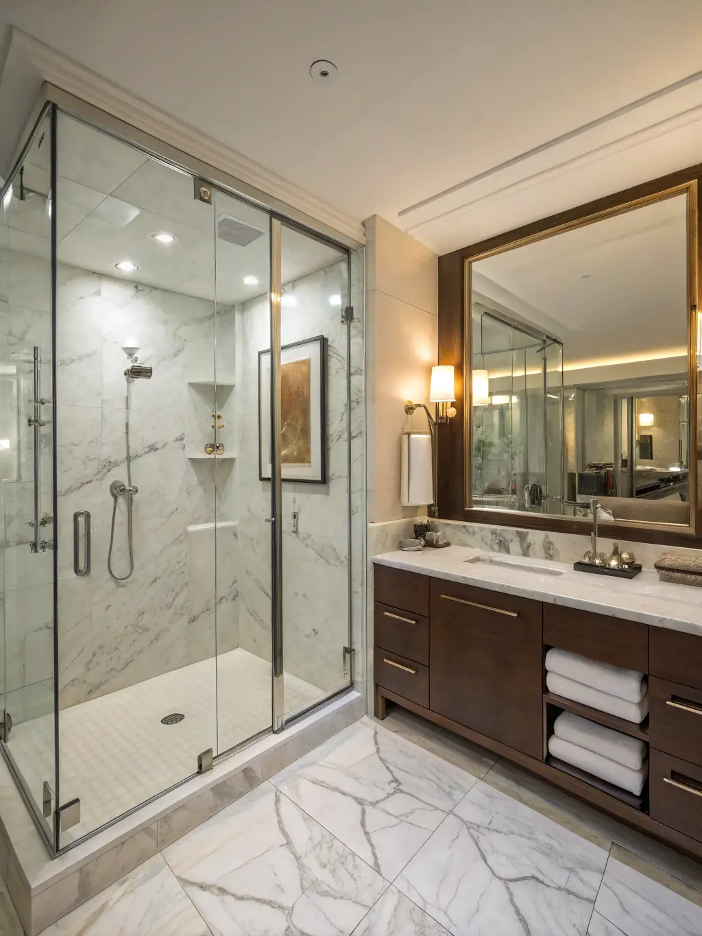 A high-resolution photo of a recently completed, luxurious bathroom remodel by Davis Construction, showcasing modern fixtures, elegant tiling, and a spacious walk-in shower.