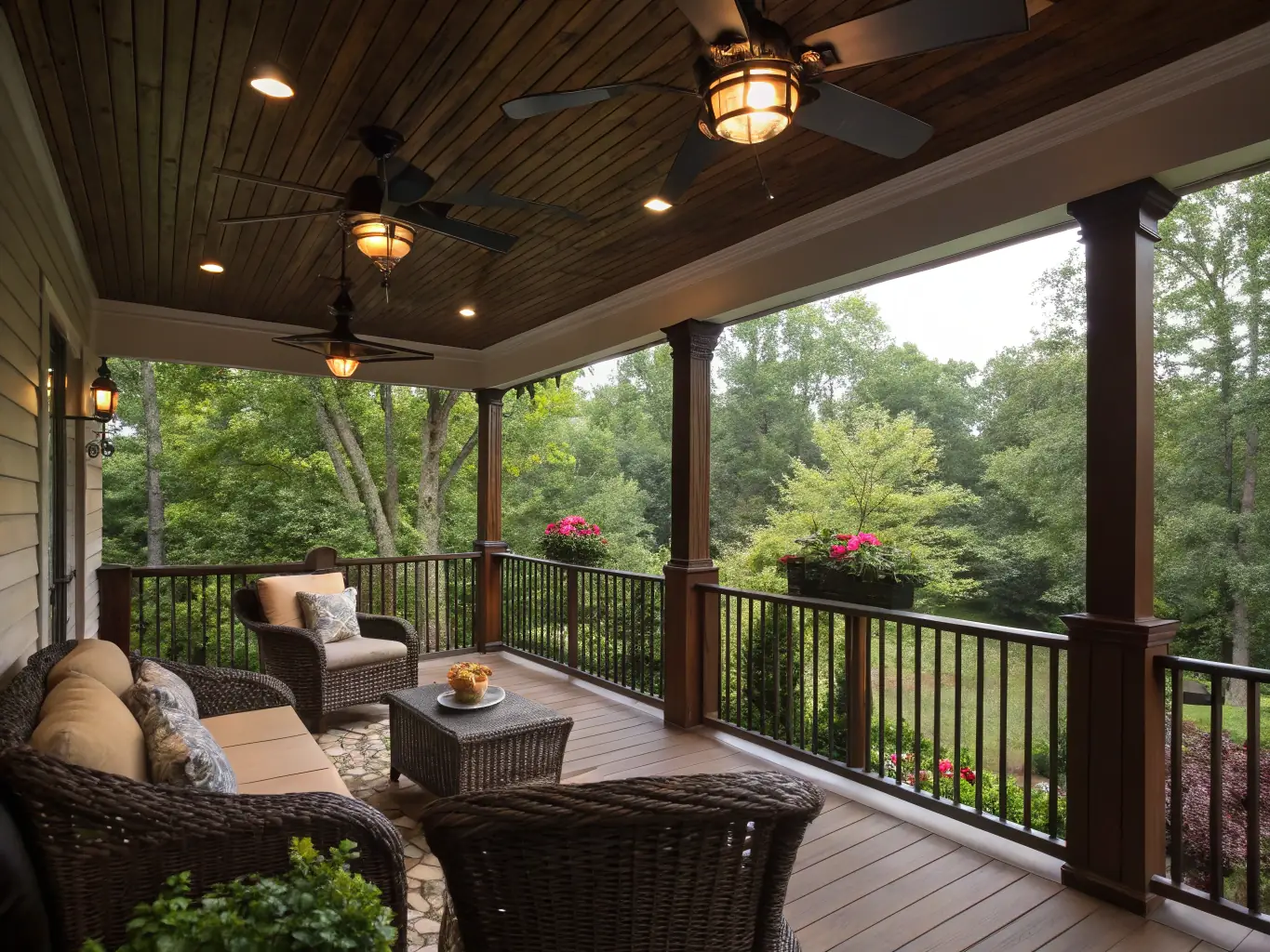 A close-up shot of a screened porch with comfortable outdoor furniture, including a wicker sofa and a coffee table. The screen is finely meshed, providing a clear view of the surrounding garden and trees.
