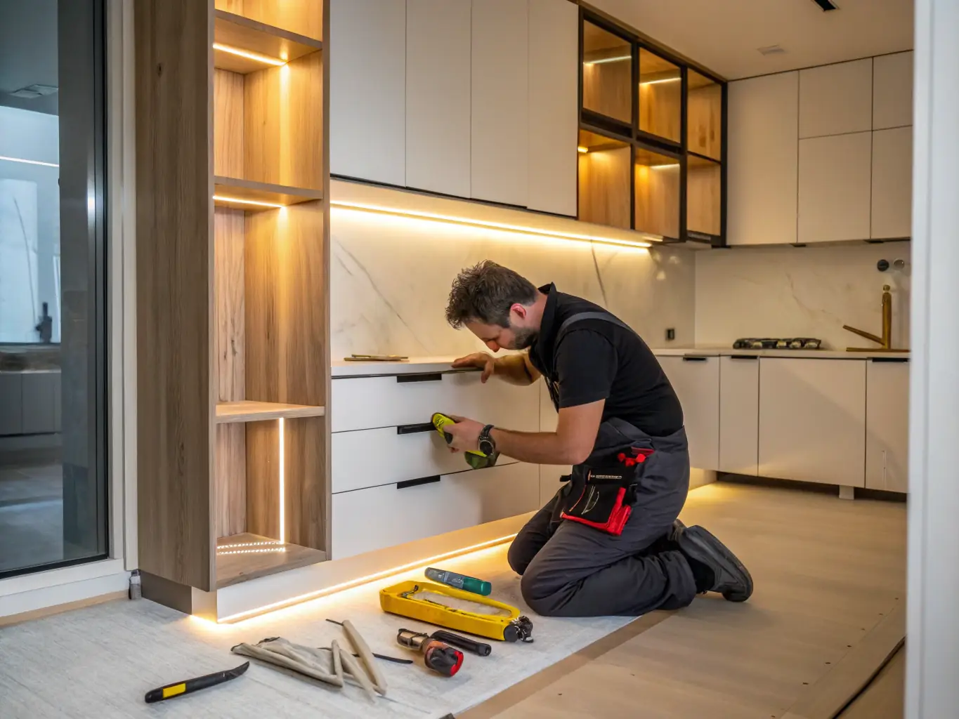 A hyper-realistic image depicting a Davis Construction team member carefully installing custom cabinetry in a modern kitchen, with attention to detail and precision evident in their work.