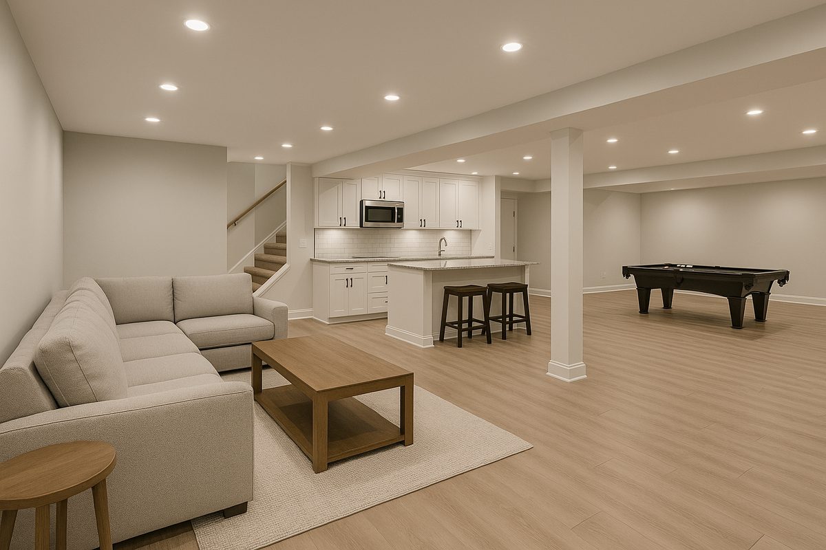 Open Basement with Kitchen and Pool Table – Charles County, MD | Davis Construction